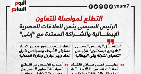 الرئيس السيسى يثمن العلاقات المصرية الإيطالية والشراكة الممتدة مع "إينى".. إنفوجراف