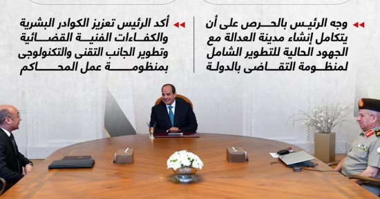 الرئيس السيسى يوجه بتكامل إنشاء مدينة العدالة مع جهود التطوير بمنظومة التقاضى (إنفوجراف)