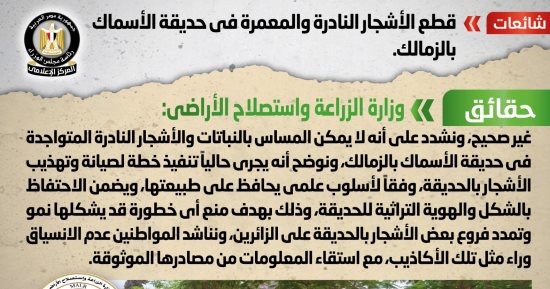 الحكومة: لا صحة لقطع الأشجار النادرة والمعمرة فى حديقة الأسماك بالزمالك