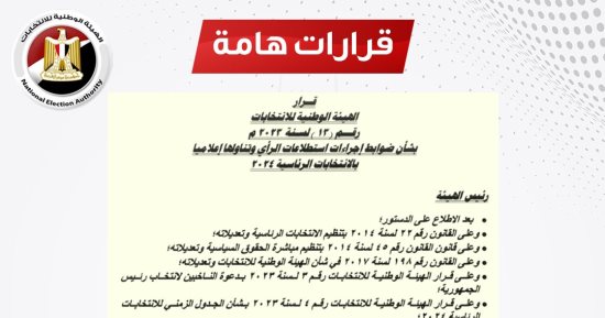 "الهيئة الوطنية" تنشر ضوابط استطلاعات الرأى وتناولها إعلاميا بالانتخابات الرئاسة