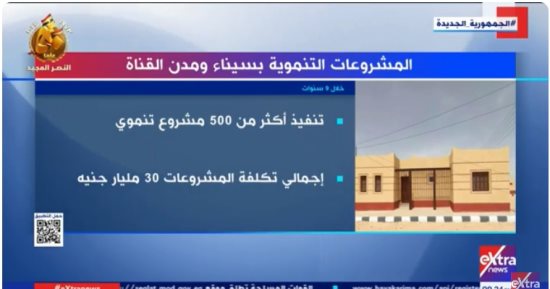 "إكسترا نيوز" تعرض تقريرا عن تنفيذ 500 مشروع تنموي فى سيناء بـ390 مليار جنيه