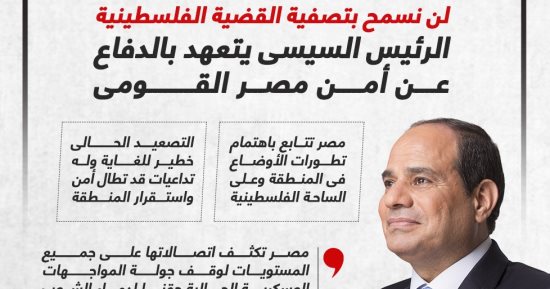 لن نسمح بتصفية القضية الفلسطينية.. الرئيس السيسى يتعهد بالدفاع عن أمن مصر القومى.. إنفوجراف