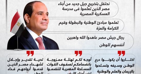 رجال جيش مصر عاهدوا الله واهبين أنفسهم للوطن.. الرئيس السيسى يشهد حفل تخرج الكليات العسكرية(إنفوجراف)