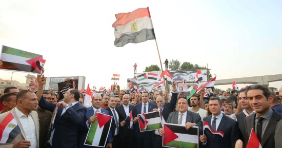 مواطنون يحتشدون للتضامن مع القضية الفلسطينية أمام حزب مستقبل وطن بالتجمع.. صور