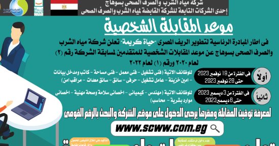 مياه سوهاج تعلن موعد إجراء المقابلات الشخصية للمتقدمين لمسابقات التوظيف