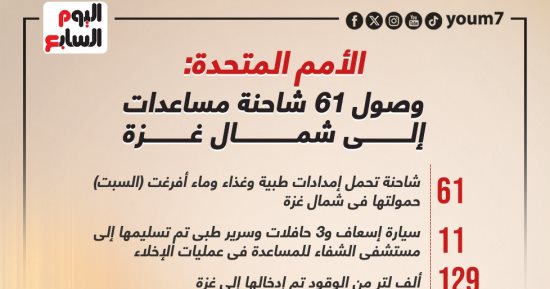 الأمم المتحدة: وصول 61 شاحنة مساعدات إلى شمال غزة.. إنفوجراف