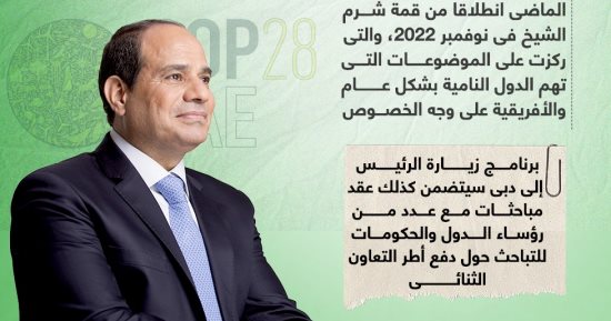 الرئيس السيسى يتوجه اليوم للإمارات للمشاركة بمؤتمر تغير المناخ كوب 28.. إنفوجراف