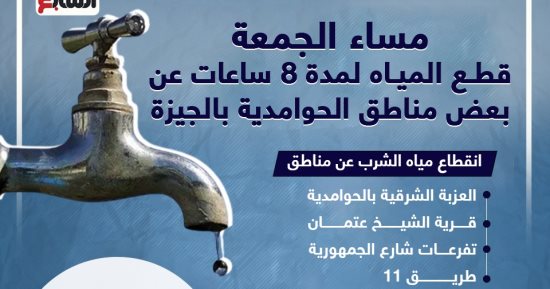 مساء الجمعة.. قطع المياه لمدة 8 ساعات عن بعض مناطق الحوامدية بالجيزة