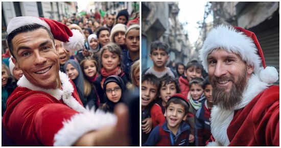 نجوم بملابس بابا نويل يلتقطون سيلفى مع أطفال غزة بالذكاء الاصطناعى