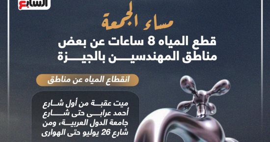 قطع المياه 8 ساعات عن بعض مناطق المهندسين بالجيزة مساء الجمعة