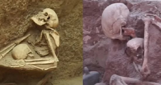 عرض بقايا هيكل عظمى يجمع أم وابنها فى حضن أبدي عمره 4000 عام بالصين