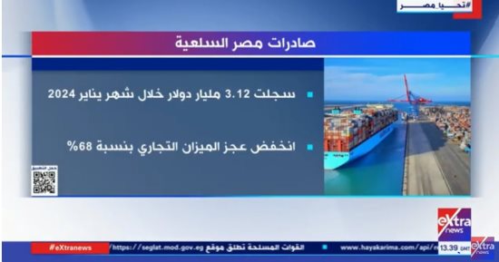 3.12 مليار دولار صادرات مصر السلعية خلال يناير فى تقرير لـ "إكسترا نيوز"