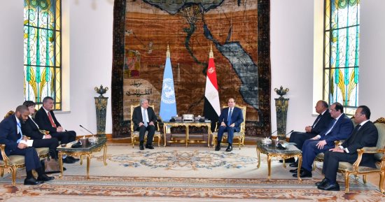 الرئيس السيسى وسكرتير عام الأمم المتحدة يؤكدان رفضهما القاطع لتهجير الفلسطينيين من أراضيهم ويحذران من أي عملية عسكرية في رفح الفلسطينية.. الرئيس: قطع بعض الدول دعمها لـ"الأونروا" عقاب جماعى للفلسطينيين الأبرياء