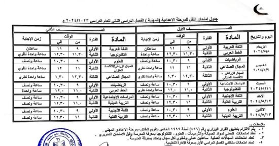 جداول امتحانات الفصل الدراسي الثانى بمحافظة بنى سويف