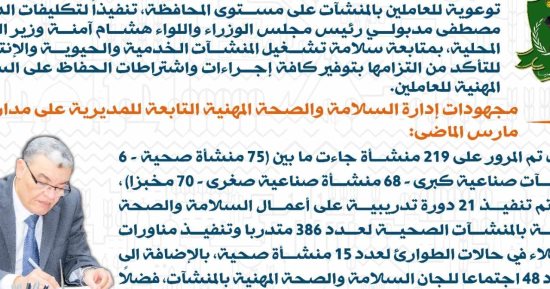 صحة المنيا: المرور على 219 منشأة لمتابعة تطبيق معايير السلامة والصحة المهنية