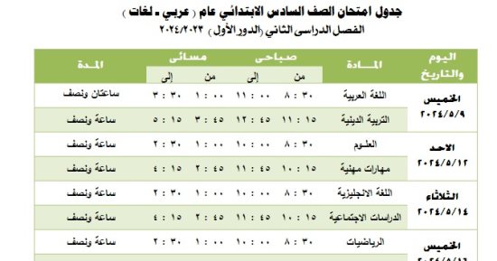 جدول امتحانات الفصل الدراسى الثانى لطلاب الصف السادس الابتدائى بالجيزة