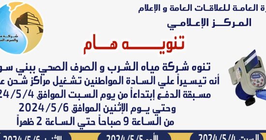 اعرف مراكز شحن عدادات المياه خلال إجازة عيد القيامة وشم النسيم ببنى سويف