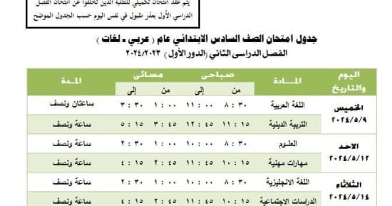 جدول امتحانات الصف السادس الابتدائى 2024 بالجيزة