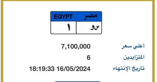 مزاد على لوحة معدنية تحمل رقم "س و - 1" قيمتها تتخطى 7 ملايين جنيه