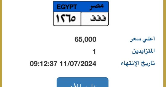 عرض أرخص لوحة سيارة مميزة "ف ف ف - 1265" بسعر 65 ألف جنيه