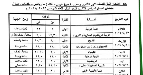 ننشر جدول امتحانات الدور الثانى لطلاب النقل والشهادات فى بنى سويف
