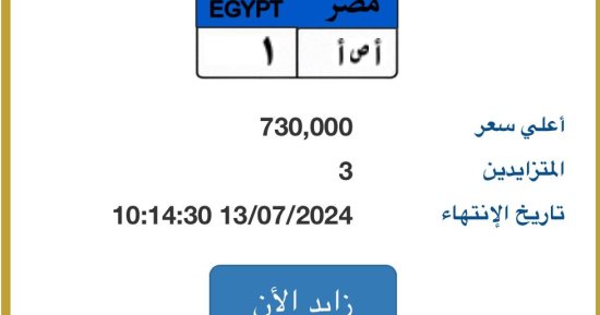 تقترب من المليون جنيه.. ارتفاع المزاد على لوحة سيارة "أ ص أ - 1"