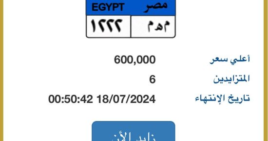 المزاد على لوحة سيارة "م ه م-1222" المميزة يرتفع لـ 600 ألف جنيه