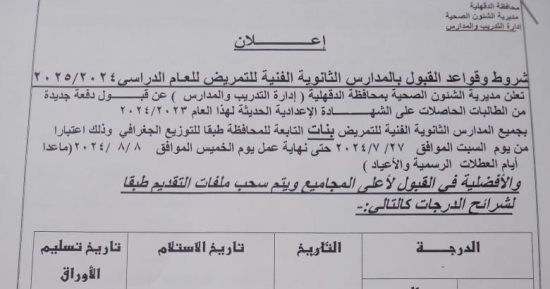 تعرف على شروط القبول بمدارس التمريض بالدقهلية