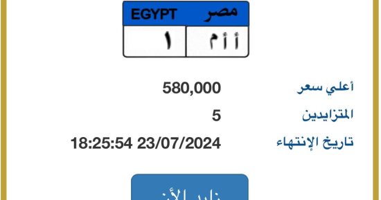 مزاد على لوحة سيارة "أ أ م - 1" المميزة بسعر تخطى نصف مليون جنيه