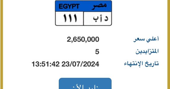 مزاد على لوحة سيارة "د أ ب - 111" المميزة بسعر يقترب من 3 ملايين جنيه