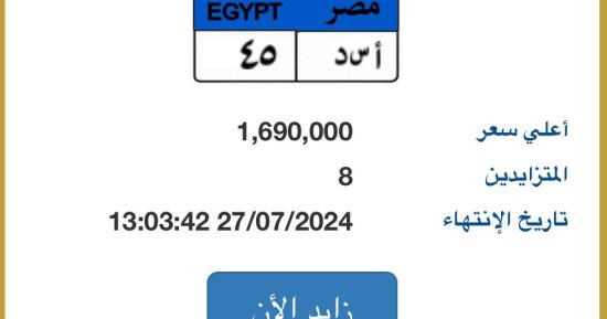 مزاد على لوحة سيارة "أ س د- 45" يرتفع من 440 ألفا لـ مليون و690 ألف جنيه
