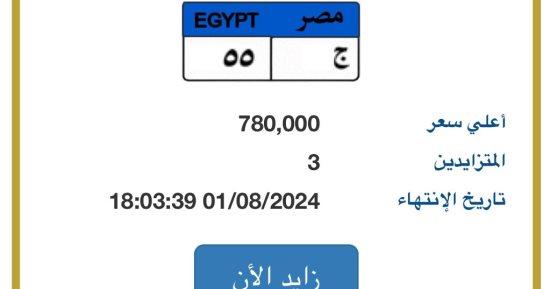 مزاد على لوحة سيارة "ج - 55" المميزة يصل لـ 780 الف جنيه