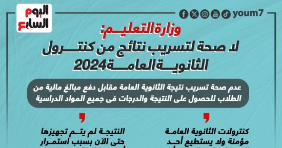التعليم تفند شائعة تسريب نتائج من كنترول الثانوية العامة 2024.. إنفوجراف