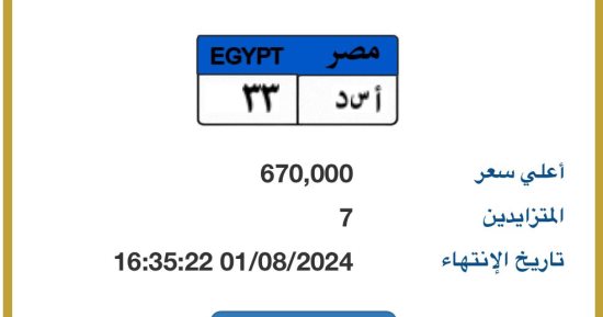 سعر لوحة سيارة "أ س د- 33" المميزة يصل لـ670 ألف جنيه.. و7 يزايدون عليها