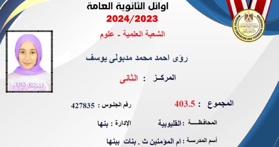 رؤى أحمد مدبولى تحصل على المركز الثانى علمى علوم بـ 403.5 درجة