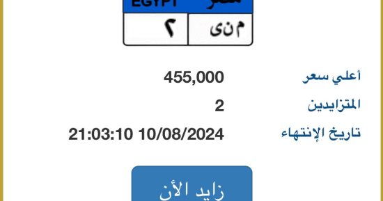 مزاد على لوحة سيارة "م ن ى- 2" المميزة قيمتها 455 ألف جنيه