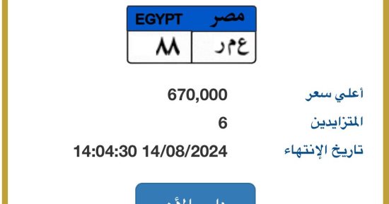 6 يتنافسون فى مزاد على لوحة مميزة تحمل أرقام "ع م ر- 88" بسعر 670 ألف جنيه