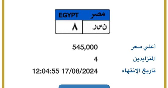 مزاد على لوحة سيارة "ن س ر - 8" المميزة بسعر يتخطى نصف مليون جنيه