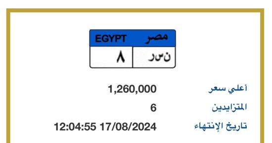 مزاد على لوحة "ن س ر- 8" المميزة وسعرها يصل لمليون و260 ألف جنيه