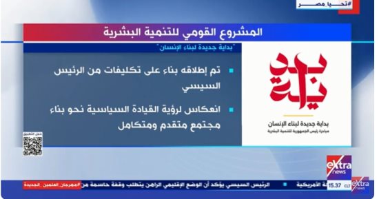 "إكسترا نيوز" تعرض تقريرا حول المشروع القومى بداية جديدة لبناء الإنسان