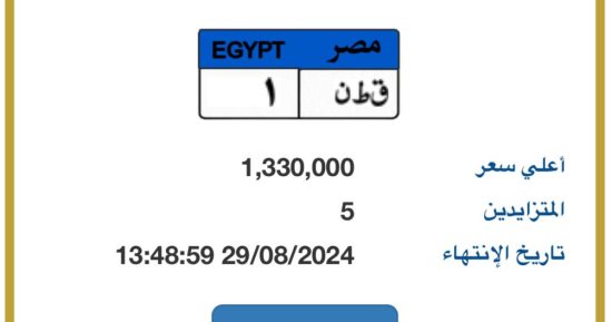 المزاد على لوحة "ق ط ن- 1" المميزة يرتفع إلى 1.330 مليون جنيه 