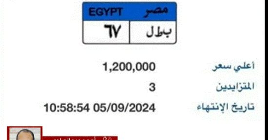 سعر لوحة "ب ط ل- 67" يتخطى مليون جنيه بالمزاد ويتنافس عليها 3 أشخاص