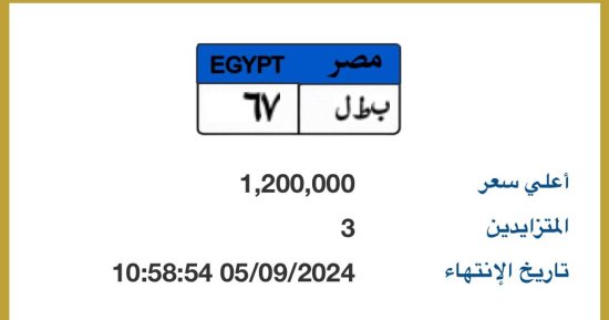 سعر لوحة "ب ط ل- 67" يتخطى مليون جنيه بالمزاد ويتنافس عليها 3 أشخاص