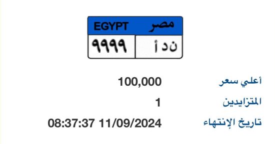 أرخص سعر.. لوحة سيارة مميزة رقمها "ن د أ- 9999" بالمزاد وسعرها 100 ألف جنيه