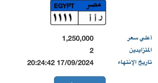"ر أ أ- 1111" أحدث لوحة مميزة بالمزاد سعرها وصل مليون و250 ألف جنيه
