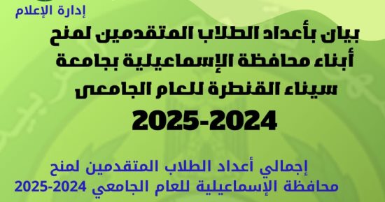 محافظ الإسماعيلية يعتمد المنح الدراسية لجامعة سيناء فرع القنطرة شرق