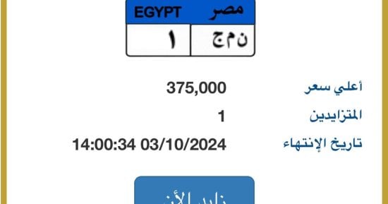 صورة طرح لوحة “ن م ج- 1” المميزة بالمزاد وسعرها يصل 375 ألف جنيه