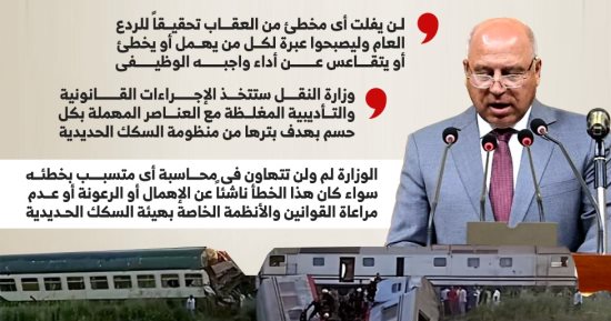 لن يفلت مخطئ من العقاب.. كامل الوزير: إحالة المتسببين بحادث قطارى المنيا للنيابة (إنفوجراف)