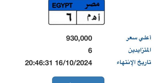 "أ – 555" و "م هـ م – 4" لوحات معدنية بلغت قيمتها بالمزاد 37 مليون جنيه