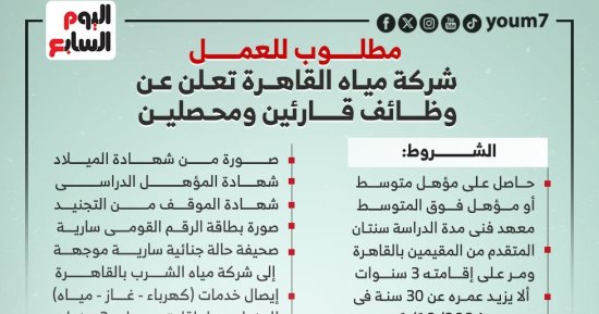 شروط وظائف قارئ ومحصل بشركة مياه القاهرة.. إنفوجراف